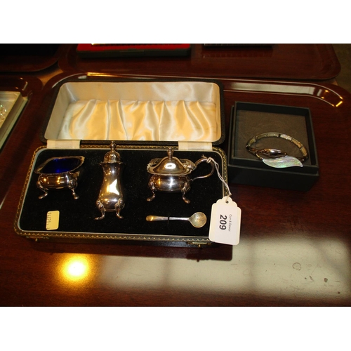 209 - Cased Silver Plate Condiment Set and a Bangle