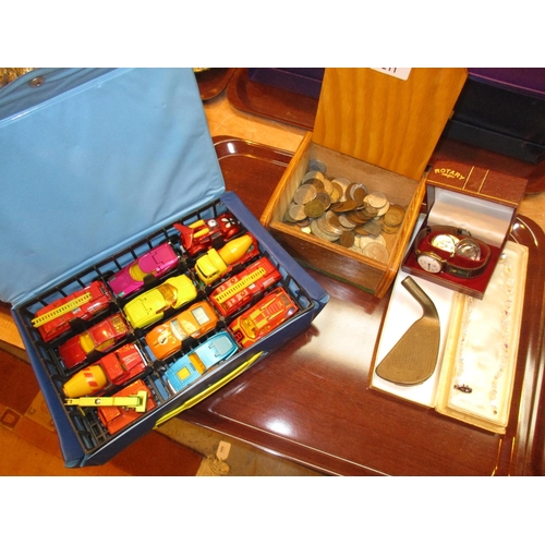 211 - Matchbox Carry Case, Coins, Watch, 2 Clips, Necklace and QEII Propeller Golf Club Head