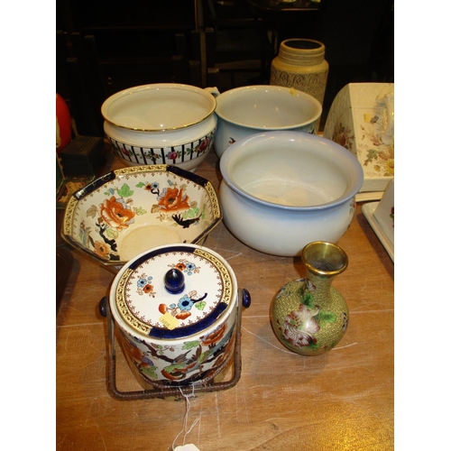 223 - Three Chamber Pots, Cloisonné Vase, Losol Ware Bowl and Biscuit Box