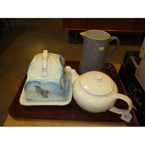 245 - Le Crueset Tea Pot and Jug and a Pottery Cheese Dish