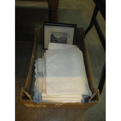 255 - Box of Table Linen and 2 Engravings