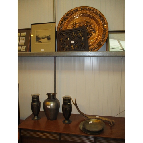 303 - Three Metal Vases, Stag Horn, 3 Eastern Brass Dishes, Carved Wood Panel, Copper Plaque and a James G... 