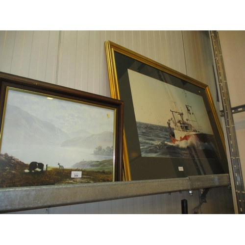 304 - Framed Photograph of a Fishing Boat and a Sheep Dog Print