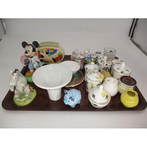 63 - Two Disney Figures, Royal Doulton Vase, Jam Pots etc