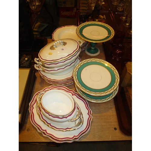 76 - Crescent China Part Dinner Service and 3 Porcelain Comports