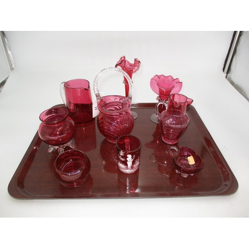 77 - Small Victorian Ruby Glass Mary Gregory Decorated Cup and Other Ruby Glasswares