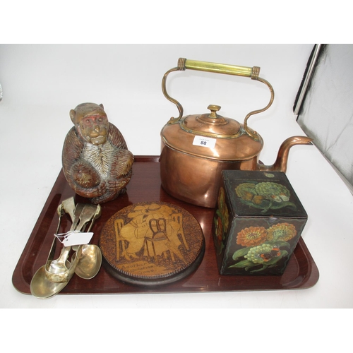 88 - Victorian Copper Kettle, Lacquered Tea Caddy, Carved Wood Monkey and a Wooden Plaque