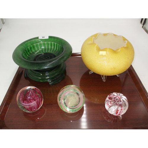 90 - Davidsons Green Glass Vase and 3 Paperweights