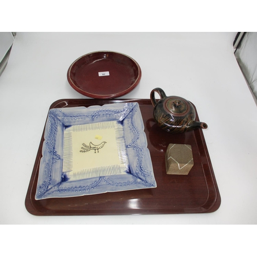 95 - Studio Pottery Tea Pot Small Box, Plaque and Signed Dish