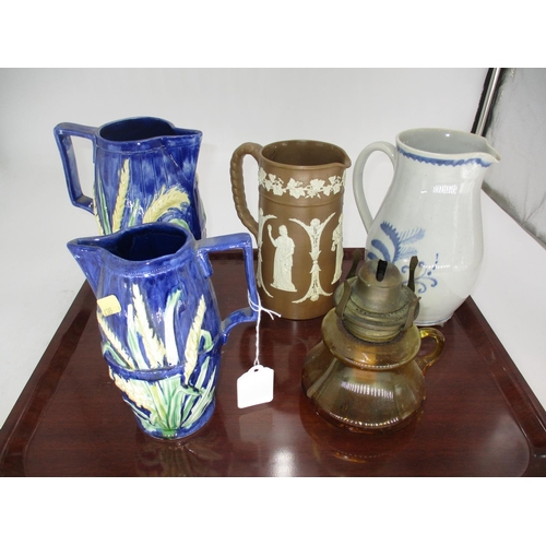 99 - Two Victorian Majolica Pottery Wheat Sheaf Jugs, Classical Jug, Buchan Jug and Oil Lamp