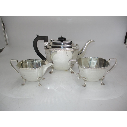 Silver 3 Piece Tea Service on 4 Feet and with a Decorative Border, Sheffield 1933, maker D&S, 1251g total