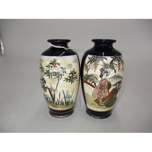 344 - Pair of Japanese Satsuma Pottery Figure Painted Vases, 14cm