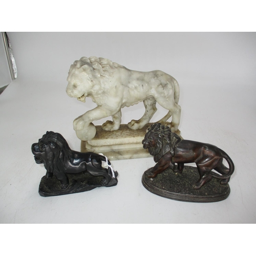 346 - Carved Alabaster Lion, 20cm long, Spelter and Obsidian Lions (3)