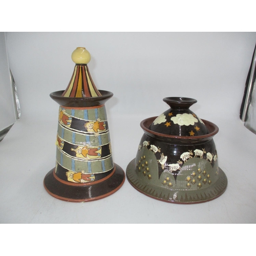 347 - Christine Smith Decorated Earthenware Helter Skelter Pot and a Sheep Decorated Jar (2)