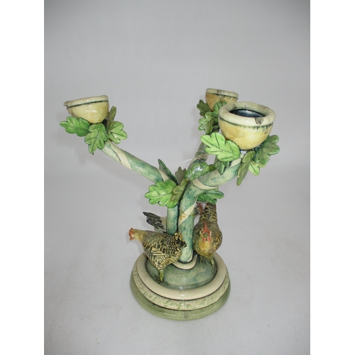 353 - Anna Lambert Ceramics Triple Candlestick with Hens, 26cm high, Open Eye Gallery Receipt 1989 £120