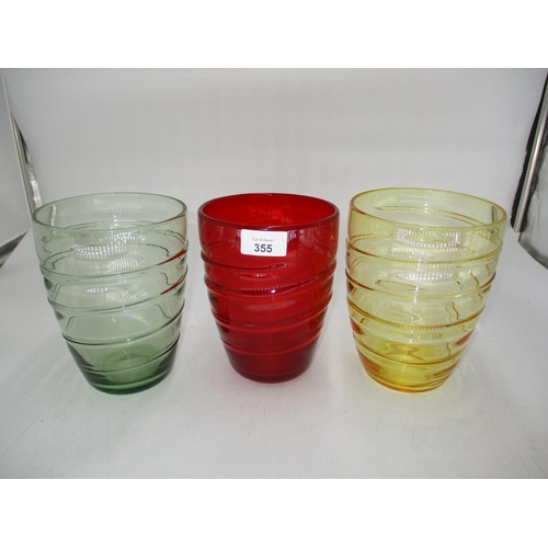 355 - Set of 3 Coloured Glass and Spiral Banded Vases, 17.5cm