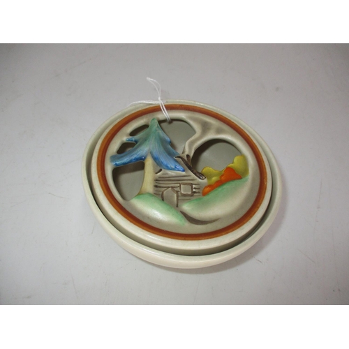 363 - Clarice Cliff Pot Pourri, The Lid Pierced with a Scene of Cottage and Trees, 10cm