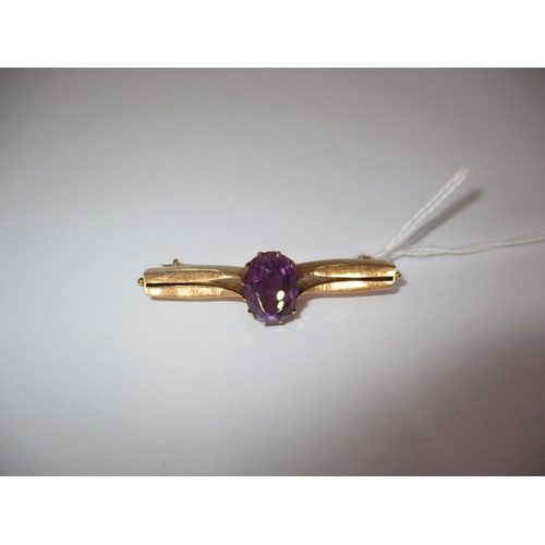 378 - Continental Yellow Metal and Amethyst Bar Brooch, 4.5g, hallmarked