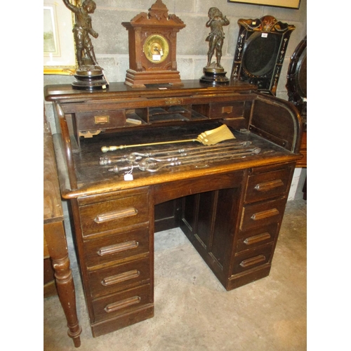 682 - Oak Double Pedestal Roll Top Desk, 105cm