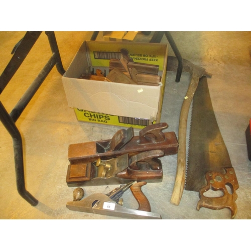 68 - Two Iron Sole Planes, Block Plane, Moulding Planes, Adze Axe and a Saw