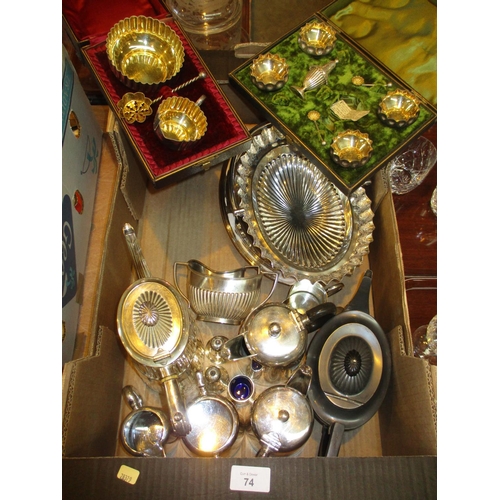 74 - Box with Silver Plated Basket, Entrée Dish, Cased Condiments and Salts