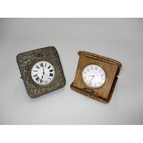 378 - Silver and Leather Easel Back Watch Holder with a Jumbo Watch and a Travelling Clock