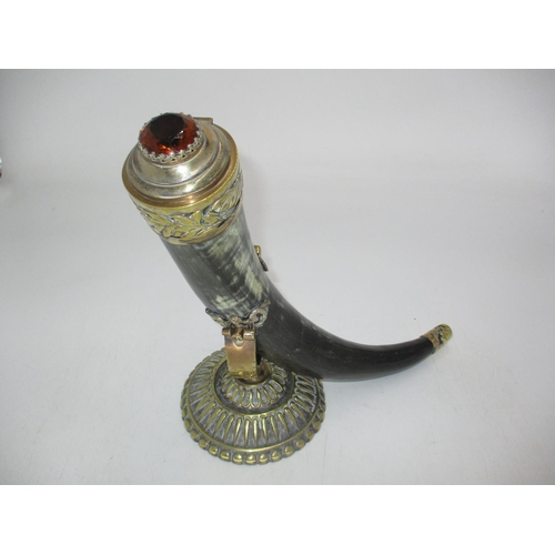 Brass Mounted Horn Snuff Mull on Stand, The Lid Set with a Cairngorm Type Stone, 29cm high