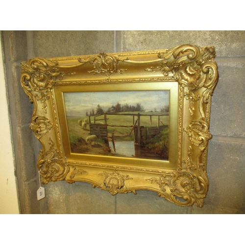 578 - WM, Oil Painting, Sheep, River and Bridge, 22x34cm