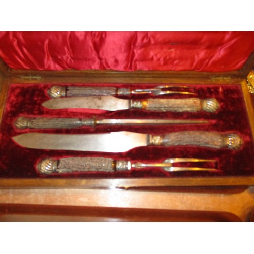 54 - Victorian Oak Cased Horn Handle Carving Set, 3 Silver Plated 3 Piece Tea Set, Warming Dish and 2 Set... 
