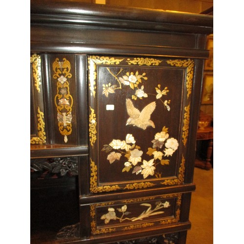 704 - Late 19th Century Japanese Display Cabinet Ornately Decorated with Birds, Insets and Flowers in Moth... 