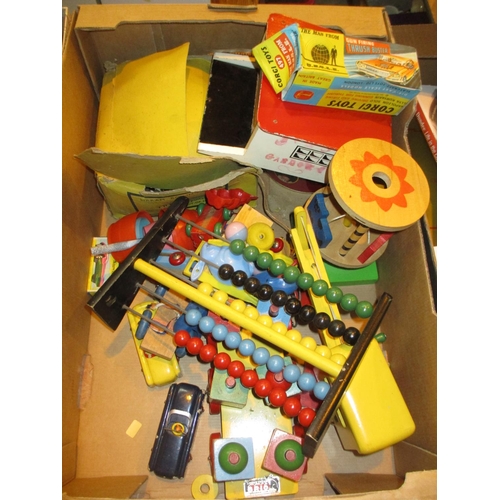 108 - Box with Brio Wooden Toys, Corgi Thrush Buster etc