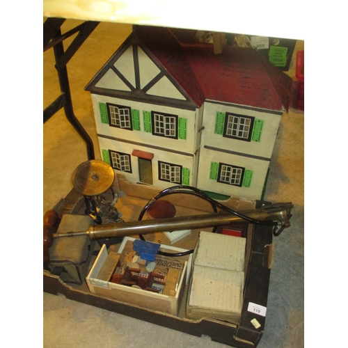 119 - Vintage Dolls House with Furnishings, Postal Scales, Camera and Pump