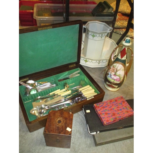 120 - Mahogany Tea Caddy, Canteen and Boxes of Cutlery, Decorative Vase, Basin and Ewer