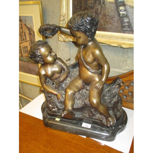 126 - Bronze Group of 2 Cherubs on a Marble Base, 49cm high