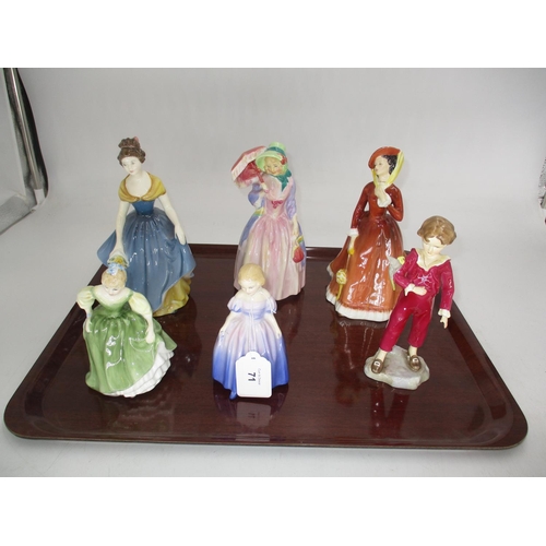 71 - Royal Worcester The Parakeet and 5 Royal Doulton Figures Miss Demure, Melanie, Julia, Fair Maiden, M... 