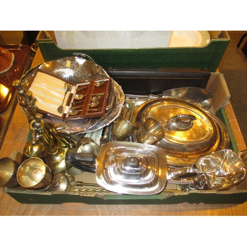 73 - Box of Silver Plated Items, Silver Teaspoons and a Brass Companion Set