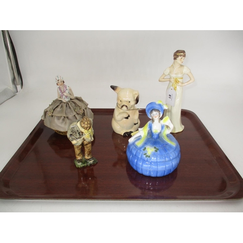 81 - Half Doll Pin Cushion and Powder Box, Goebel Money Pig and Figure and a Pottery Figure