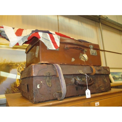 597 - Two Vintage Leather Suitcases and 3 Flags