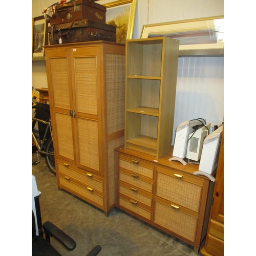 599 - Wicker Front 2 Door Wardrobe and Chest of Drawers, along with a Bedside Chest