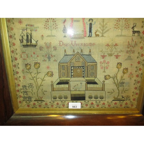 563 - 19th Century Rosewood Framed Sampler by Deas Ure 1821 Aged 11, 52x38cm