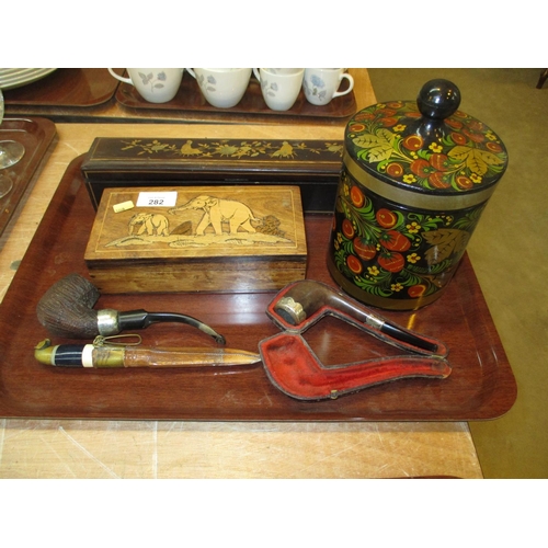 282 - Russian Lacquer Jar, Inlaid and Oriental Boxes, 2 Pipes and a Dagger