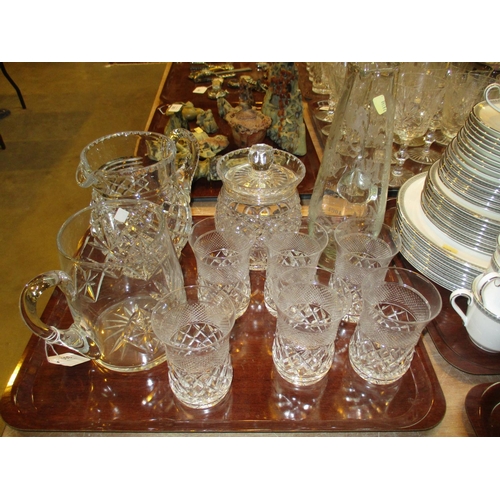 300 - Two Crystal Water Jugs, Biscuit Barrel, 6 Tumblers and a 1901 Marriage Jug