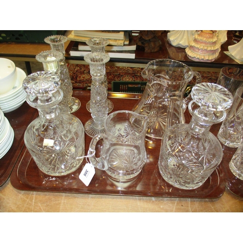 306 - Pair of Edinburgh Crystal Decanters and Water Jug, Another Water Jug and 2 Pairs of Candlesticks