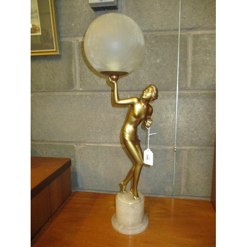 348 - Art Deco Gilded Metal Figurine Table Lamp on an Onyx Base and with a Crackle Glass Shade, total heig... 