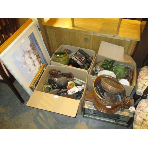 369 - Three Boxes of Collectables, Pictures, Radio, Coal Helmet etc