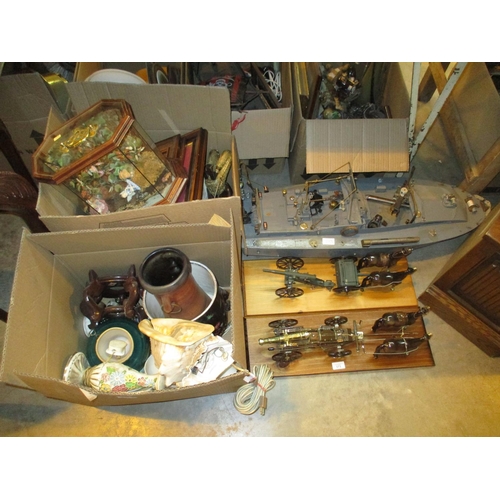 373 - Model Boat, 2 Horse and Carriage Groups and 2 Boxes of Ornaments etc