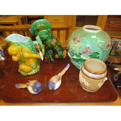 381 - Majolica Pottery Monkey Jug and Cockerel, 2 B&G Birds and 2 Pots