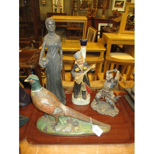 387 - Pottery Pheasant, 2 Figures and Figure Decanter