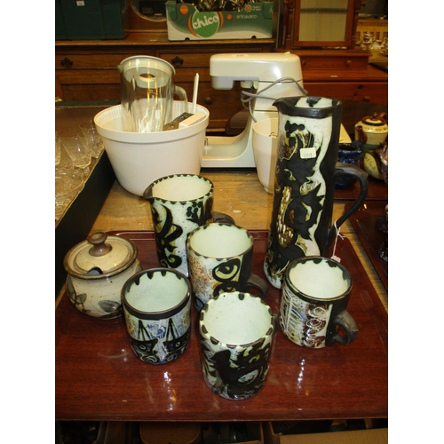 416 - Fisher Pottery Jug, Another Jug and 4 Mugs and a St Andrews Pottery Jam Pot