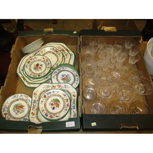 417 - Two Boxes of Glasswares and Copeland Spode Chinese Rose Dinnerwares